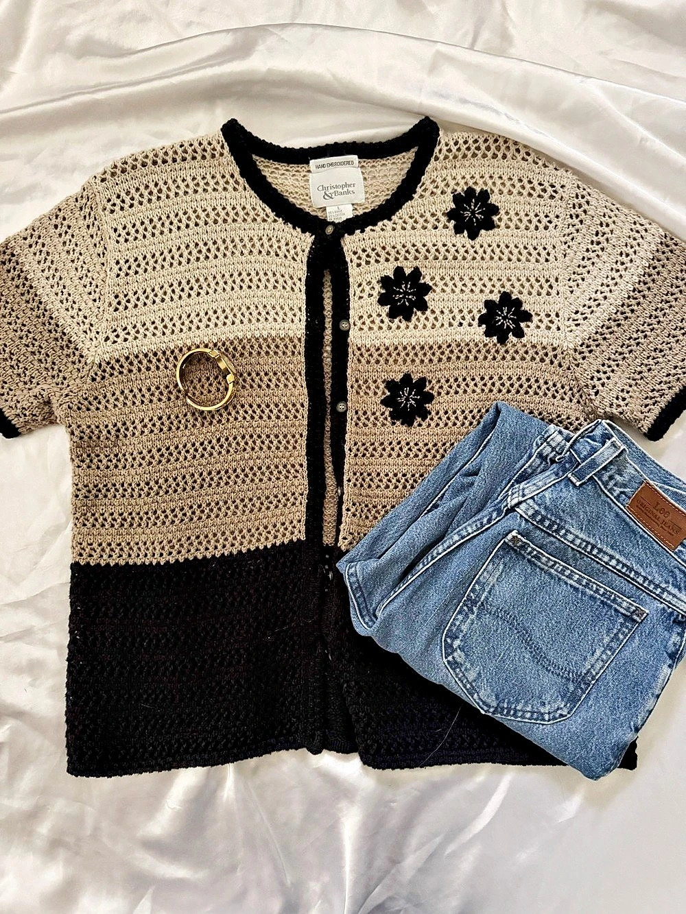 Christopher & Banks Floral Crochet Cardigan in Black & Beige Size Large